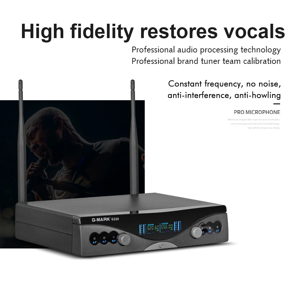 G-MARK UHF Wireless Microphone System G320 Long Range Dual Channel 2 Handheld Mic Transmitter Professional Karaoke Top Quality
