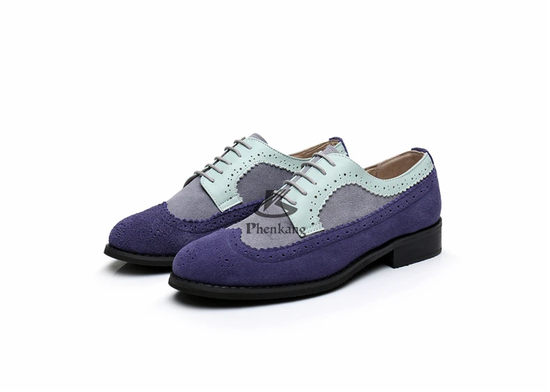 Genuine cow leather brogue men flats shoes handmade vintage casual sneakers shoes oxford shoes for men blue grey with fur