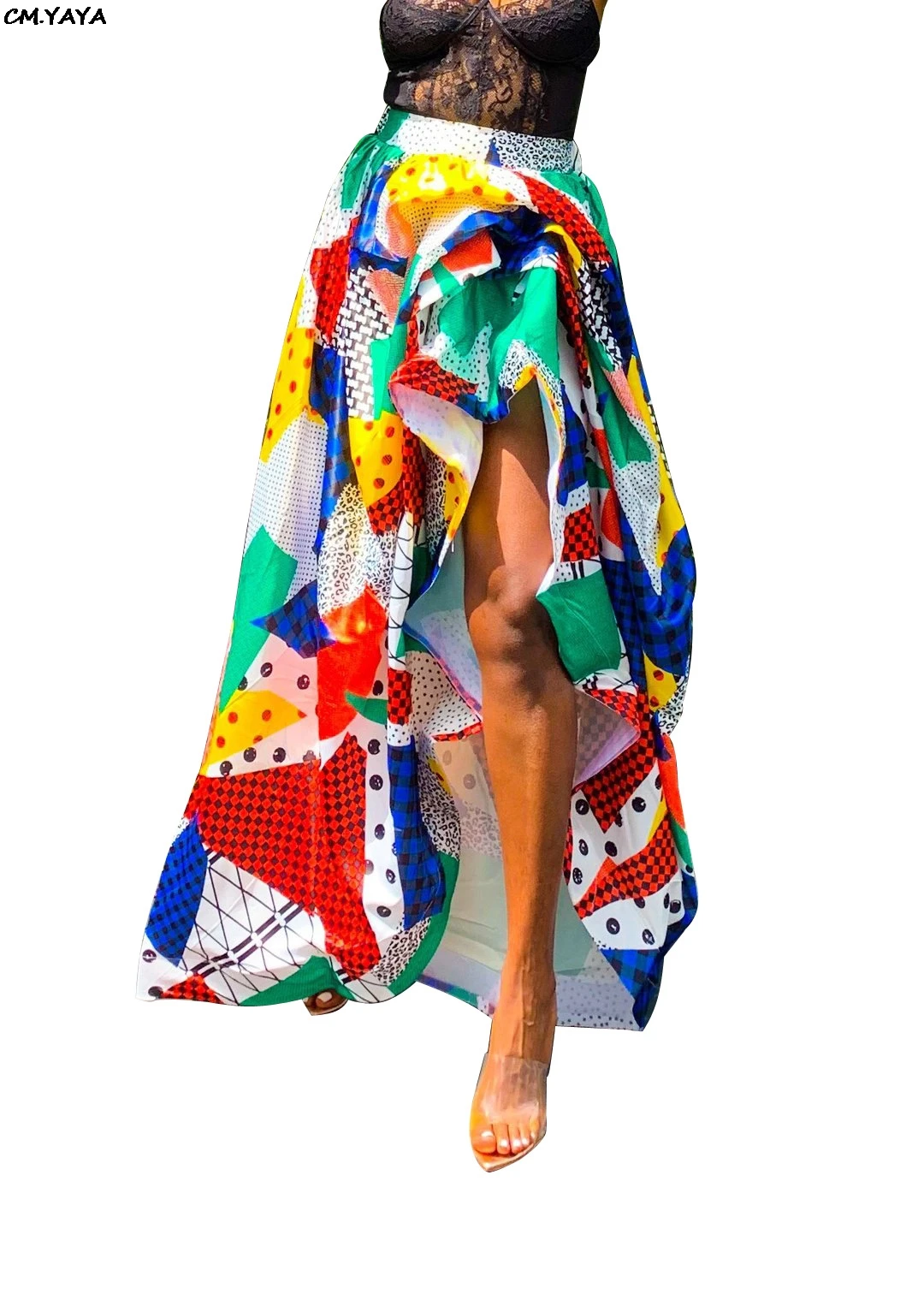 2019 для женщин в клетку с разноцветным принтом высокой талией сзади длинное