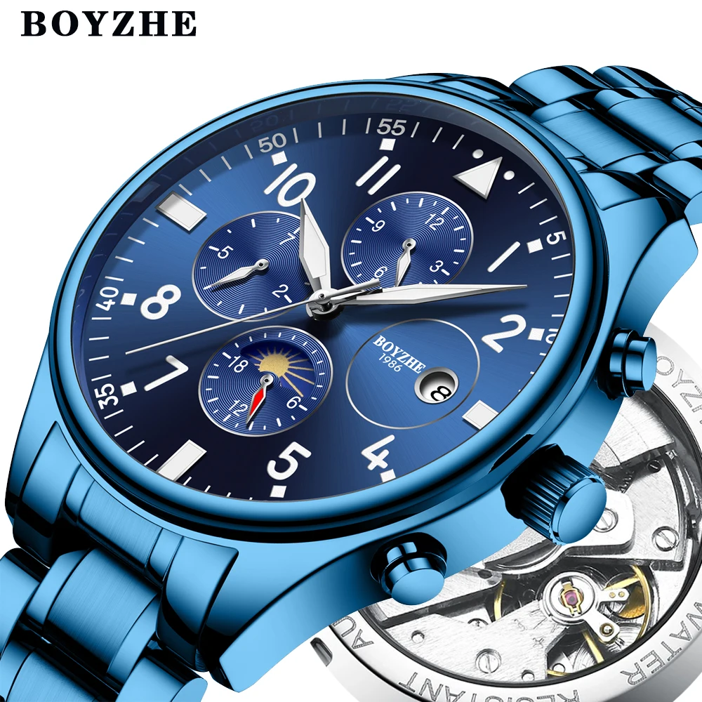 

BOYZHE Мужские автоматические Mechanische Uhren Luxus Marken повседневные Edelstahl Mond Phase спортивные бизнес Uhr Relogio Masculino