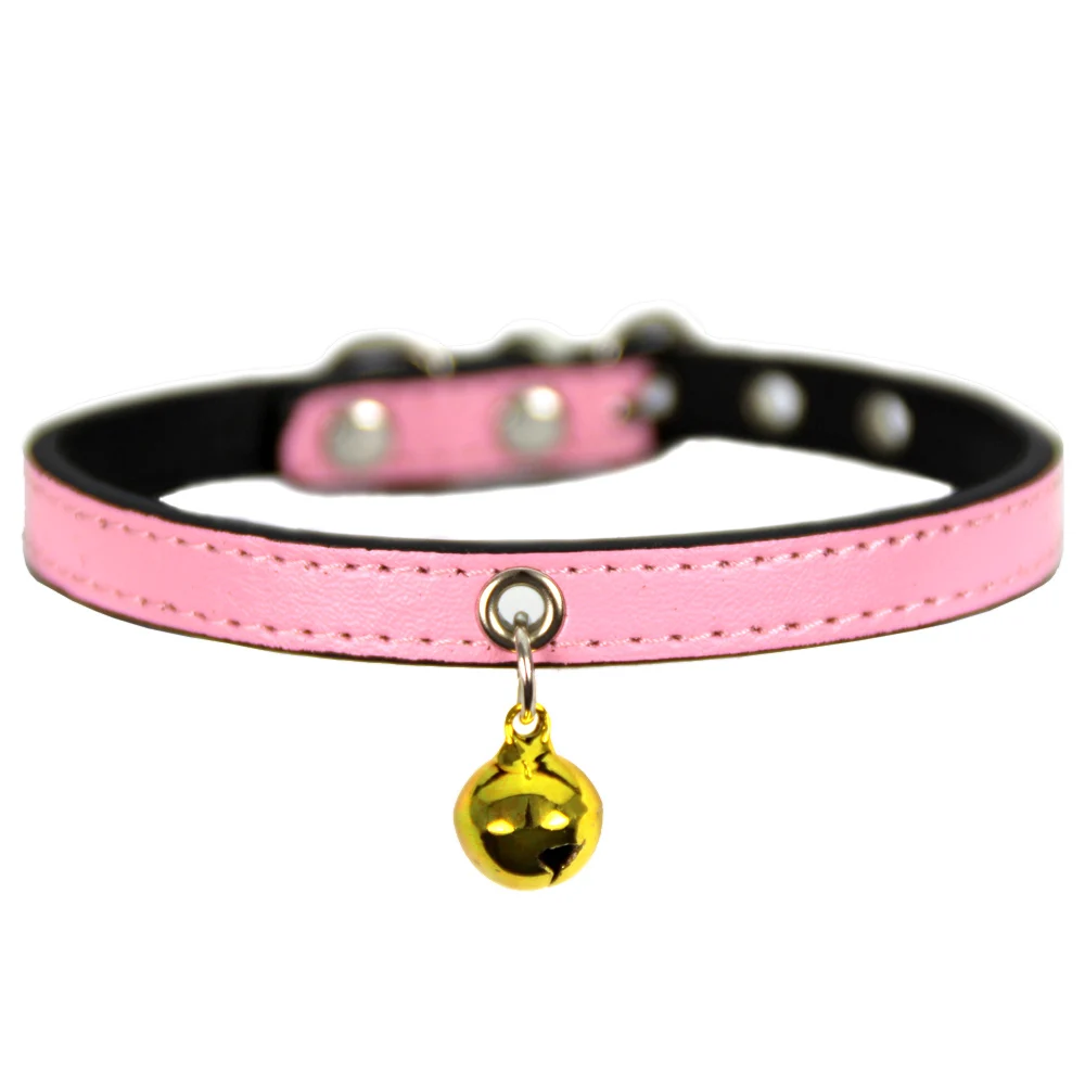 Pink Персонализированный маленький ошейник для собак кожаный ошейник для кошек с золотым колокольчиком ожерелье с кошкой поводок для щенка аксессуары для собак 10 цветов товары для домашних животных - Цвет: Pink