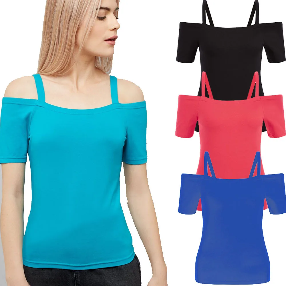 Allyzozo Plus size 6xl Women Summer Spaghetti Strap Tops T shirts Streetwear Off Shoulder Blue Clothing | Женская одежда