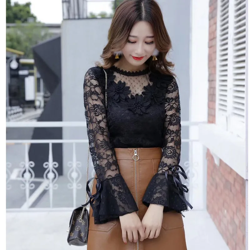 2018 весенне-Летняя женская рубашка милый галстук-бабочка цветочная кружевная