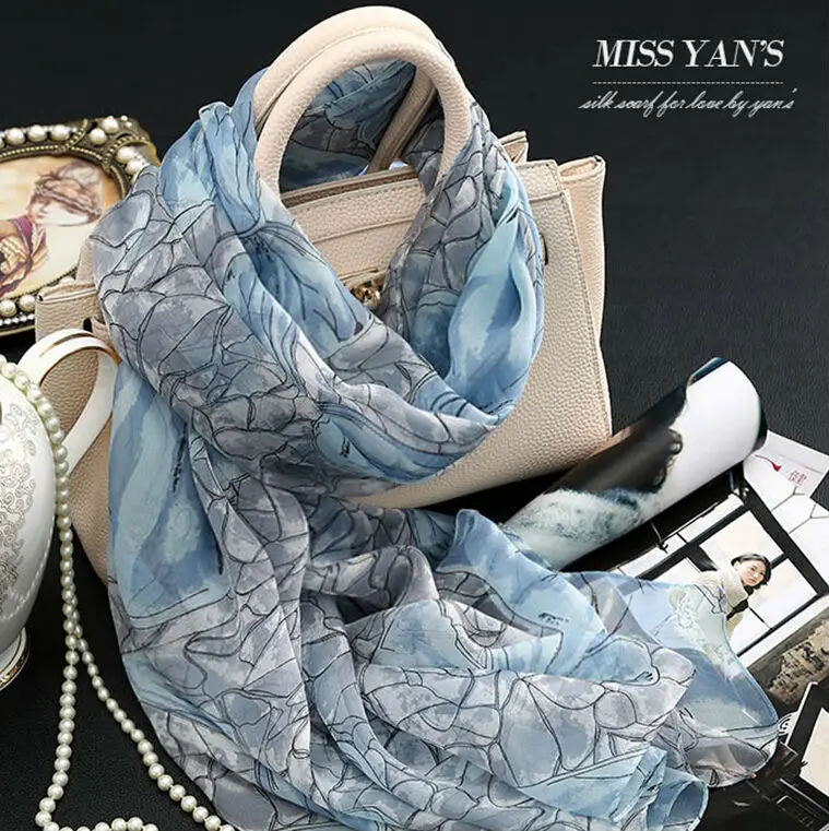 Женский шарф из натурального шелка модные синие шарфы в китайском стиле с
