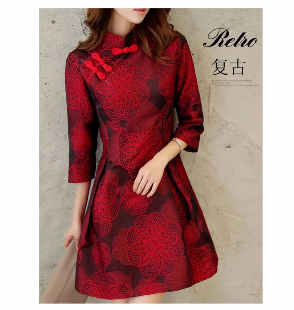 Женское платье Ципао красное туника с цветочной вышивкой|dress women flower|dress womenshort dress |