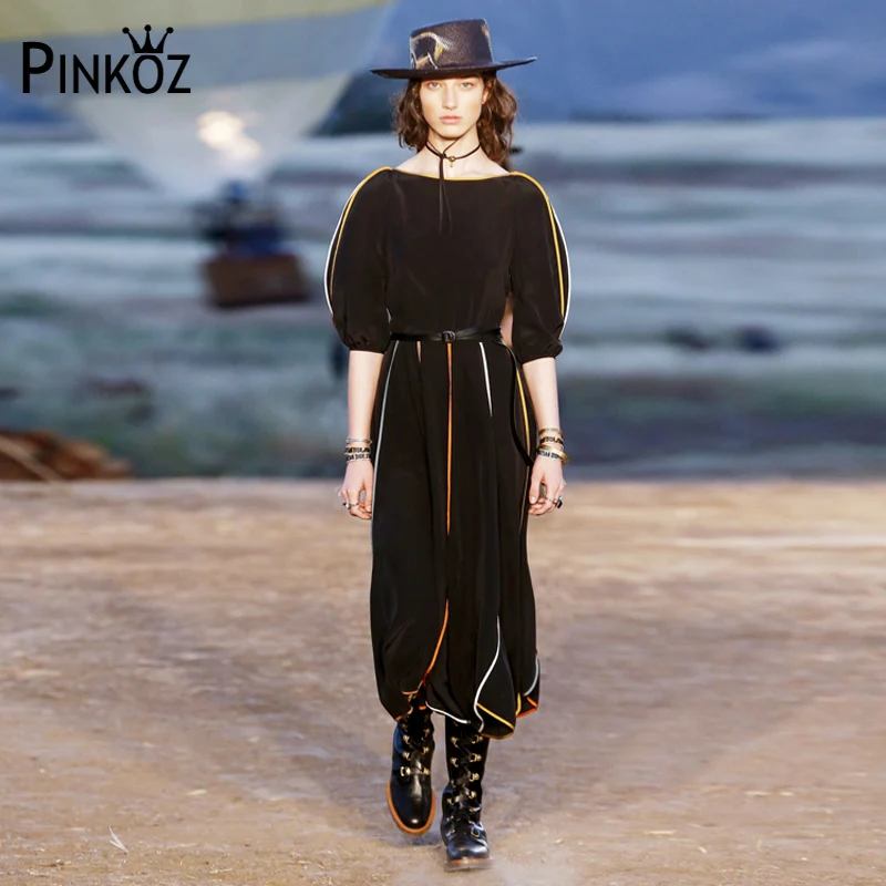 Pinkoz 2018 взлетно-посадочной полосы Роскошные черные полосатые платья Для женщин