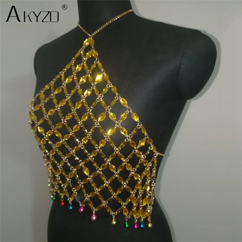 AKYZO сексуальные искусственные драгоценные камни ручной работы пэчворк Cami Top для женщин спинки вечерние с кристаллами выдалбливают кроп-топ