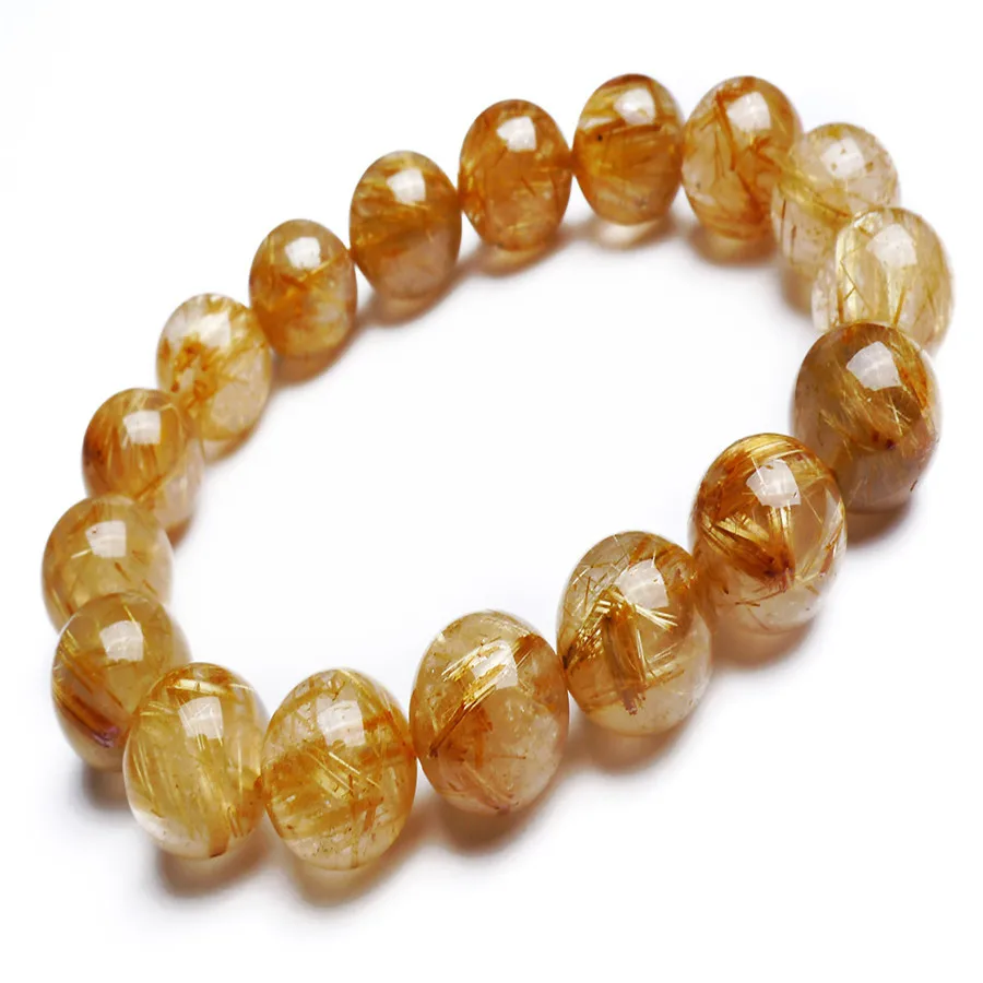 

11mm Fashion Jewelry Genuine Brazil Natural Titanium Rutilated Quartz Gold Round Crystal Stone Bead Womens Stretch Bracelet