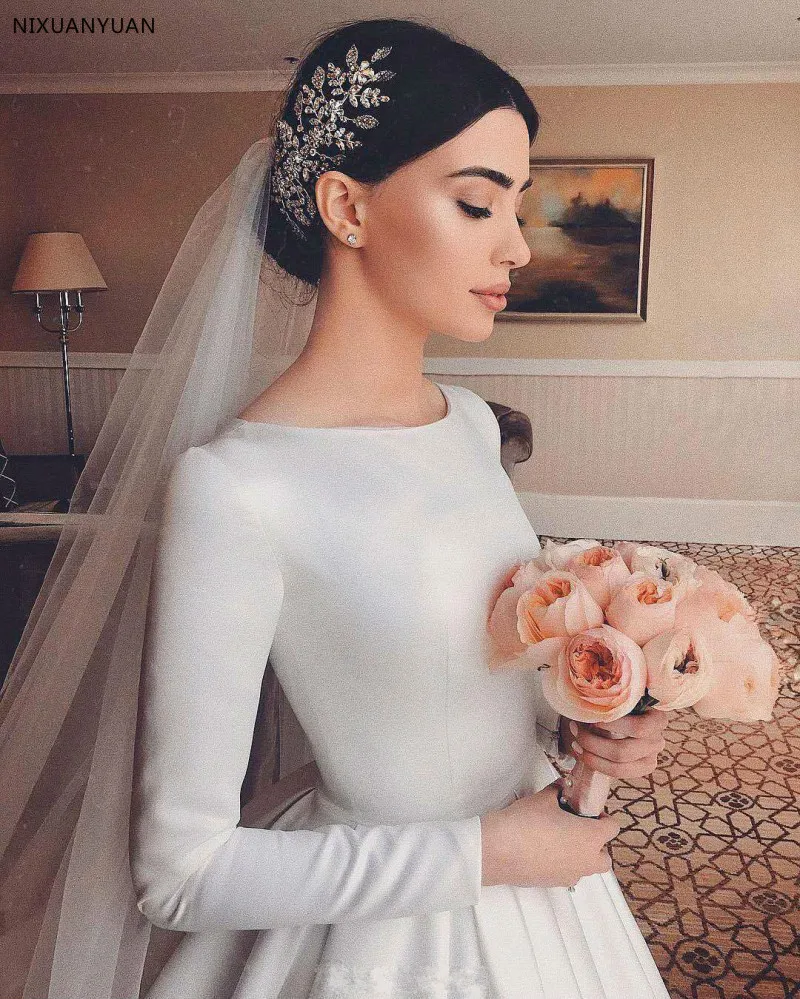 Простое арабское мусульманское свадебное платье с длинным рукавом Vestido De Noiva элегантное ТРАПЕЦИЕВИДНОЕ свадебное платье со шлейфом Chaep