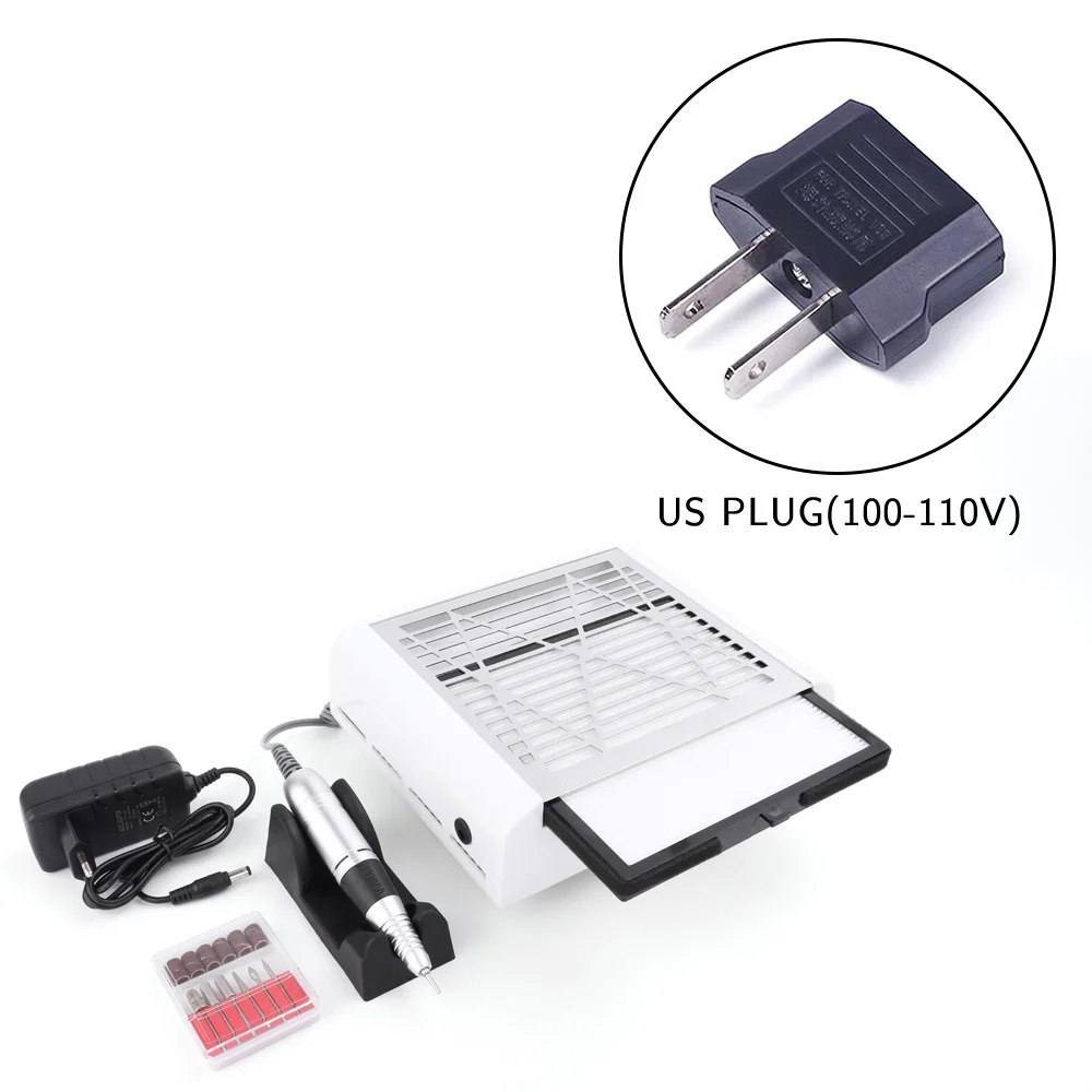 US Plug 45000 об/мин Электрическая дрель для ногтей, пылеуловитель для ногтей, наконечник, маникюрный аппарат, напильник, набор инструментов для ногтей с сверлами для ногтей, Пыль для ногтей - Цвет: US Plug