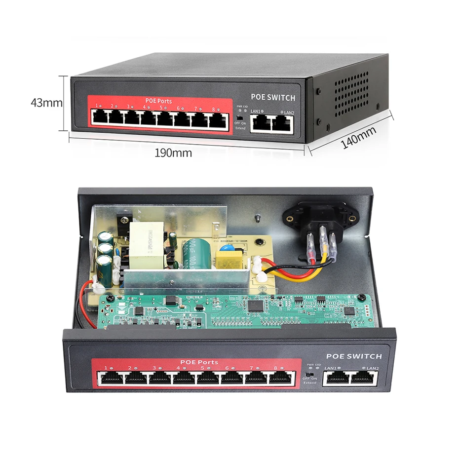 52 V/48 V сетевой коммутатор POE Ethernet 8 Ethernet порт 2 Uplink Ethernet порт IEEE 802,3 af/at подходит для ip-камеры