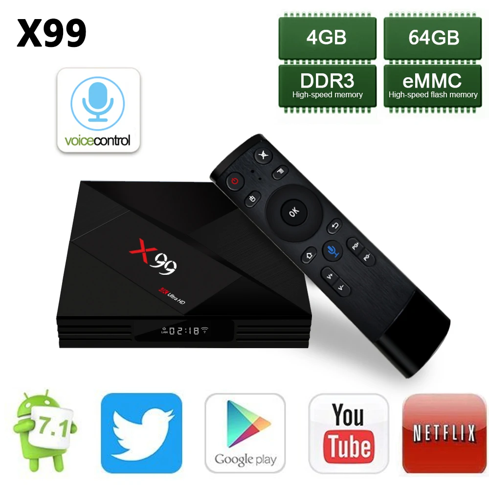 X99 RK3399 4 Гб ОЗУ 64 ПЗУ Голосовое управление Smart Android 7 1 TV BOX 2 4G/5G Wifi 4K Bluetooth USB 3