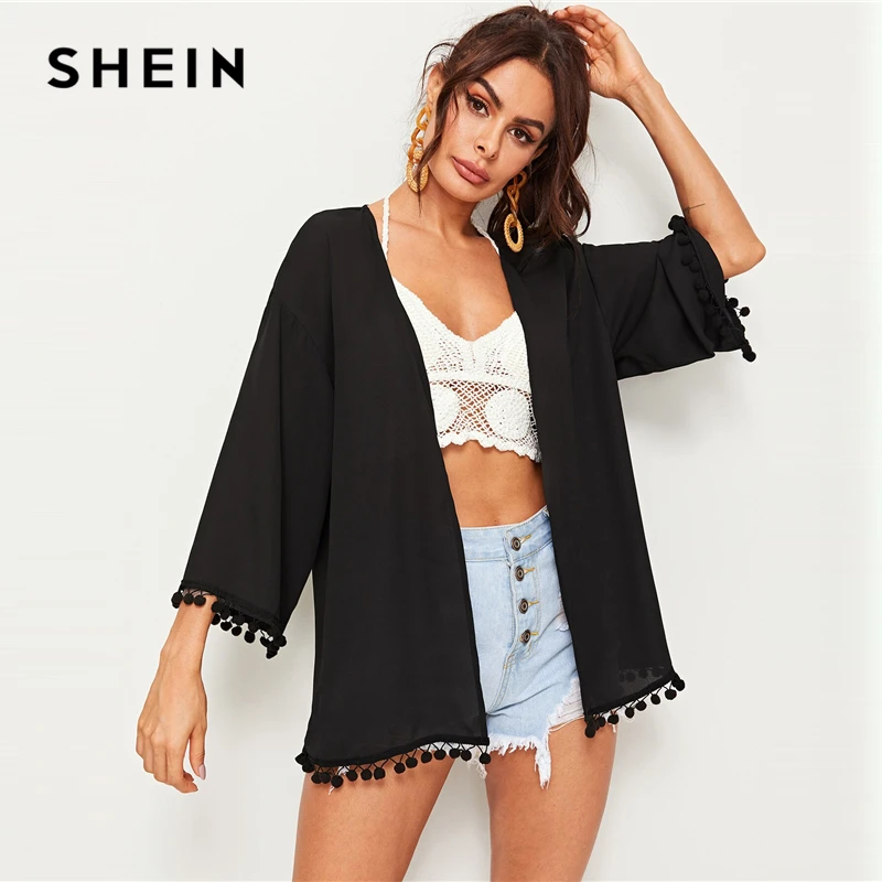 SHEIN однотонное кимоно с помпонами Черное Шифоновое Бохо женское весеннее осеннее длинное кимоно с длинным рукавом