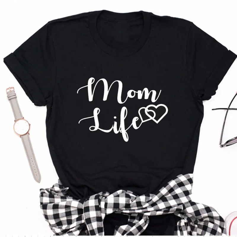 Mom Life/женская футболка с сердцем; летняя хлопковая Повседневная хипстерская футболка для мамы с медведем; Haajuku Camiseta Mujer; топы; футболка - Цвет: black