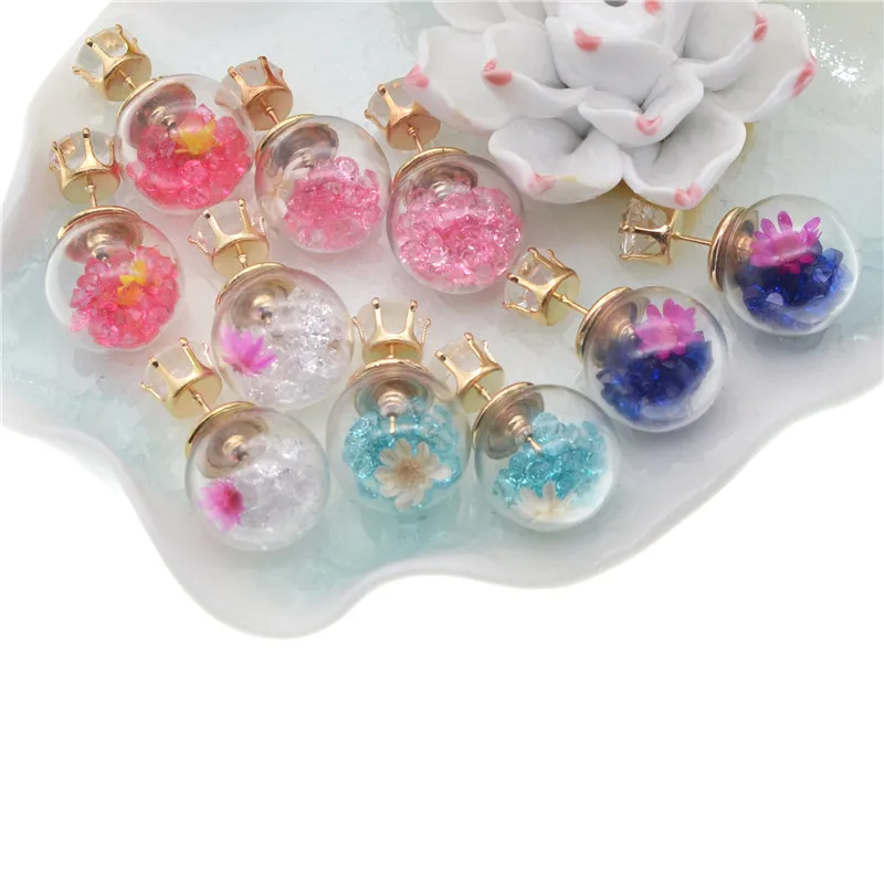 Charm Women Elegant Dried Flower Rhinestone Ball Ear Studs Earrings Gift Pink Purple Blue Floating Earring For | Украшения и