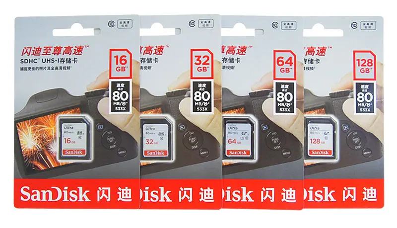 SanDisk SD карта 16 Гб оперативной памяти, 32 Гб встроенной памяти, 64 ГБ 128 ГБ 256 Гб карта памяти 80 МБ/с. U1 170 МБ/с. U3 V30 4 K для цифровой зеркальной камеры Canon Nikon SLR Камера съемки видео в формате 4 K