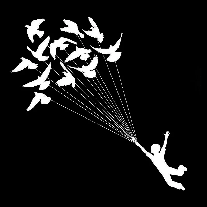 

14.3cm*14.1cm Boy Flying Birds Dream Decor Stickers Car Accessories Black/Silver S3-5901