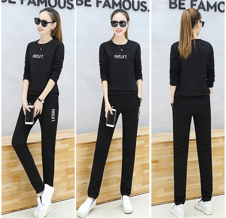 LYFZOUS спортивный костюм для женщин, Повседневная Толстовка с буквенным принтом и брюки, комплект из 2 предметов, весна-осень, женские модные спортивные костюмы - Цвет: Черный