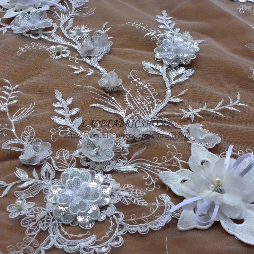 1 ярд Новый шнур цвета слоновой кости 3D Цветы серебряные блестки цветы на сетке