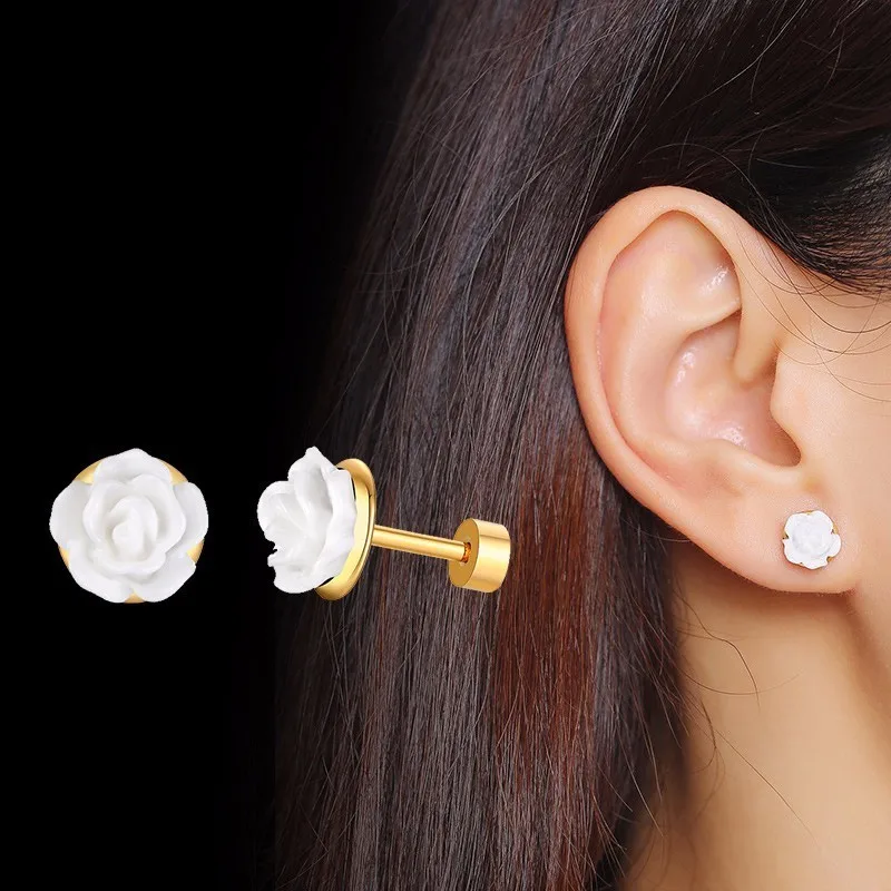 White Rose Vnox, элегантные розовые серьги-гвоздики для женщин, акриловый цветок, золотой тон, нержавеющая сталь, на булавке, с закручивающейся задней частью, Brincos - Metal Color: White Rose
