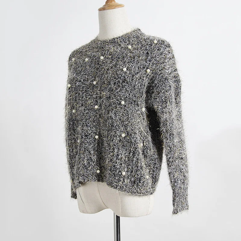 Женский вязаный свитер ZADORIN Однотонный с длинным рукавом украшенный бусинами и