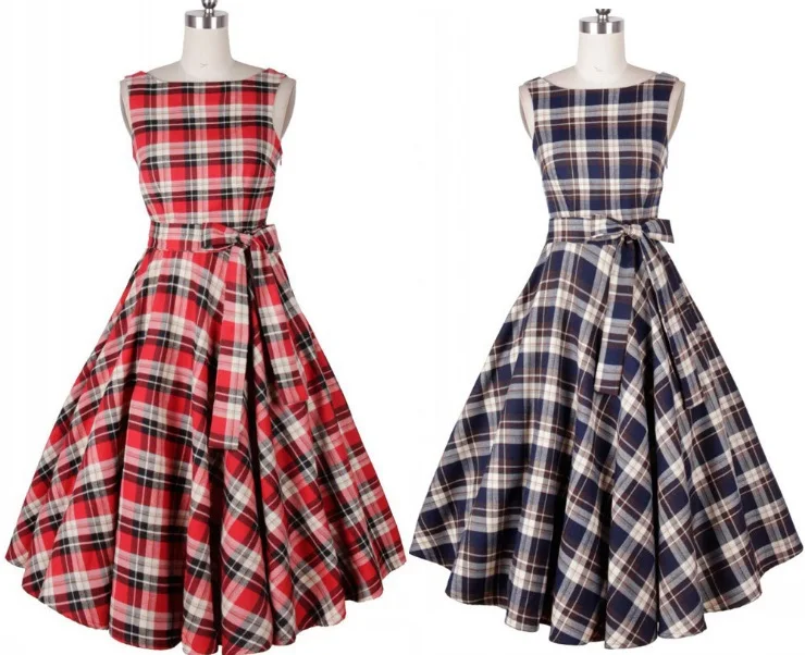 2015Retro 50s Vintage Dresses Rockabilly Swing Plaid Print Summer Ball Gown Dress Women Cotton Casual Dance | Женская одежда