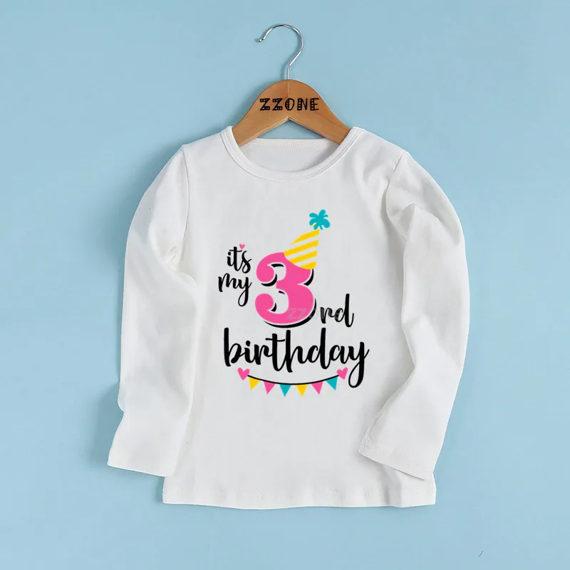 whiteC Футболка с надписью «Happy Birthday» и цифрой 1-9 для девочек одежда с длинными рукавами для малышей Детская забавная футболка в подарок на день рождения с цифрами LKP2432 - Цвет: whiteC