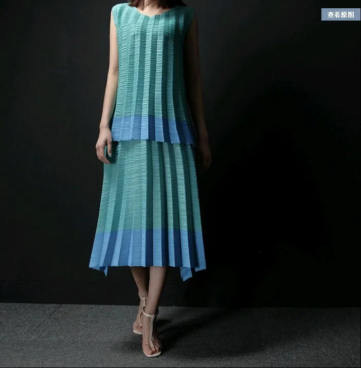 Небесно-голубой Miyake fold модные футболки с круглым вырезом+ цветные юбки из двух предметов - Цвет: Небесно-голубой