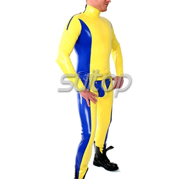 

Suitop handmade yellow rubber latex codpiece sexy latex glued catsuit
