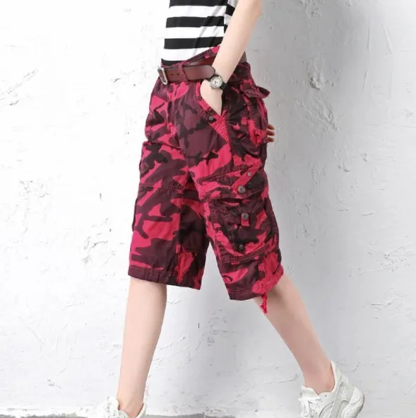 

Womens Casual Camouflage Cargo Shorts Women Summer Multi Pocket Knee Shorts Female Streetwear Camo Trousers Loose Short Pants