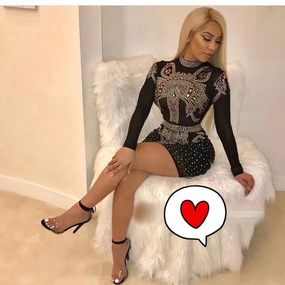 2019 элегантный женский черный алмаз Bodycon Бандажное платье пикантные Осенние Теплые зимние бусы твердый Vestidos