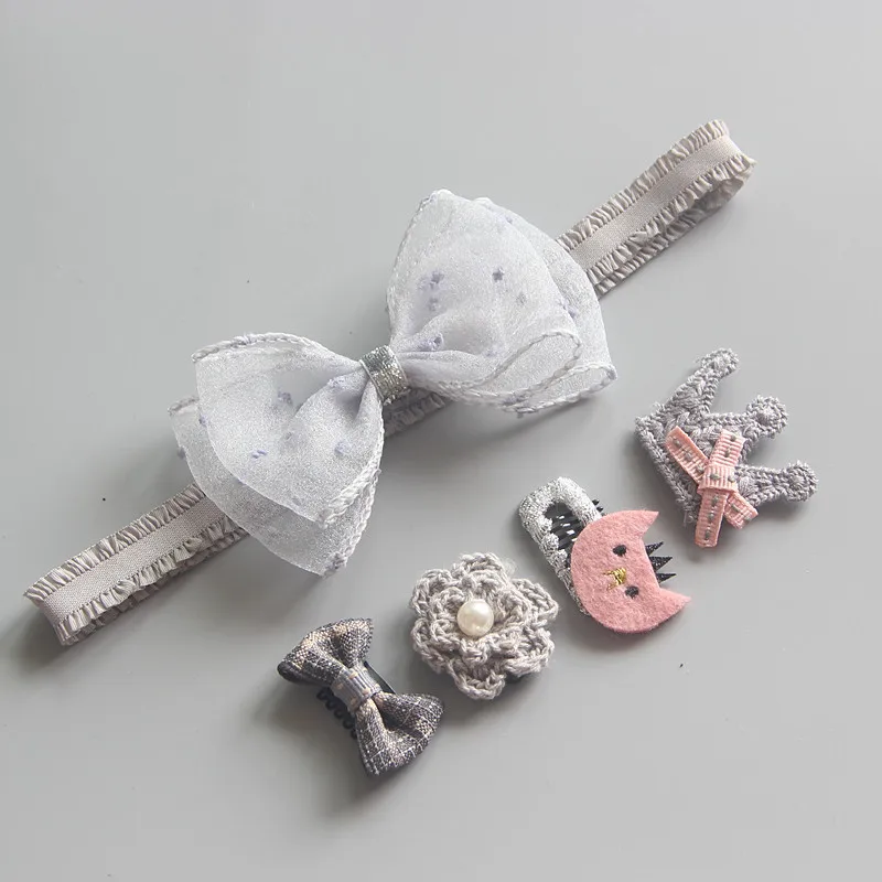 gray bow 5 шт./компл. Детская повязка для волос цветок банты кролик Haarband ободки для девочек Принцесса Корона детские заколки для волос аксессуары для волос - Цвет: gray bow