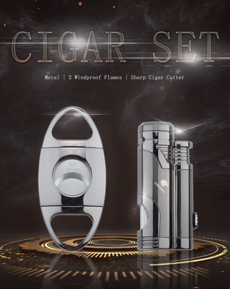 Cohiba гаджеты Сигара Набор w утолщение стали сигары резак гильотина и зажигалка ветрозащитный Двойное пламя