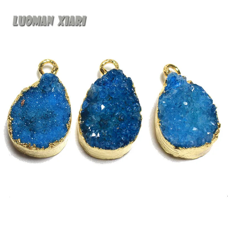 blue Естественная Друза, кристалл, камень, кулон, окрашенный цвет, небольшой неправильный геод, сделай сам, подходит для изготовления ювелирных изделий, 15*20 мм - Окраска металла: blue