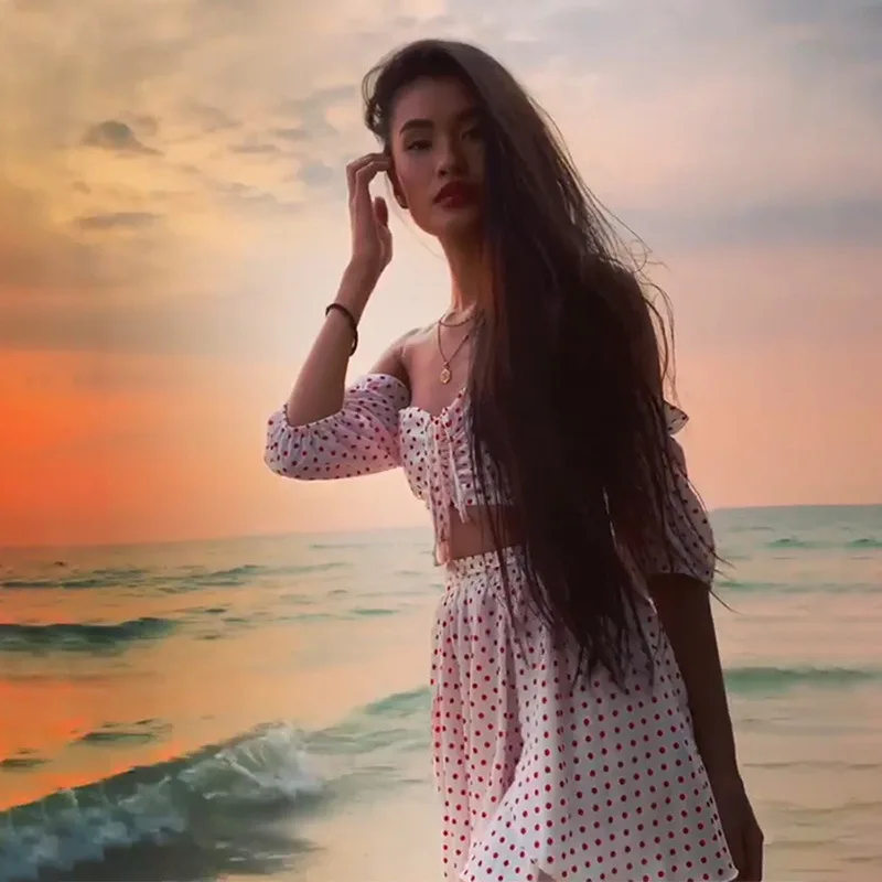 Сексуальный женский комплект 2 шт. в горошек 2019 летний укороченный топ Юбки