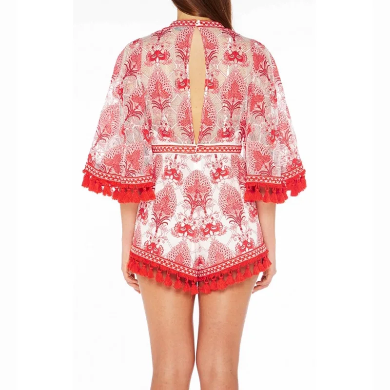 Мода 2017 г. пляжные Стиль Boho красный и белый фарфор печати кисточкой Вышивка