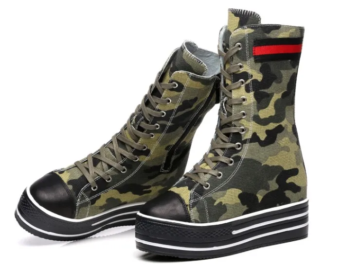 

Cowboy camouflage Fashion Wedges Platform Females Girl Lady Mid Calf Women Boots Height Increasing 10CM Punk Chain Denim Shoes