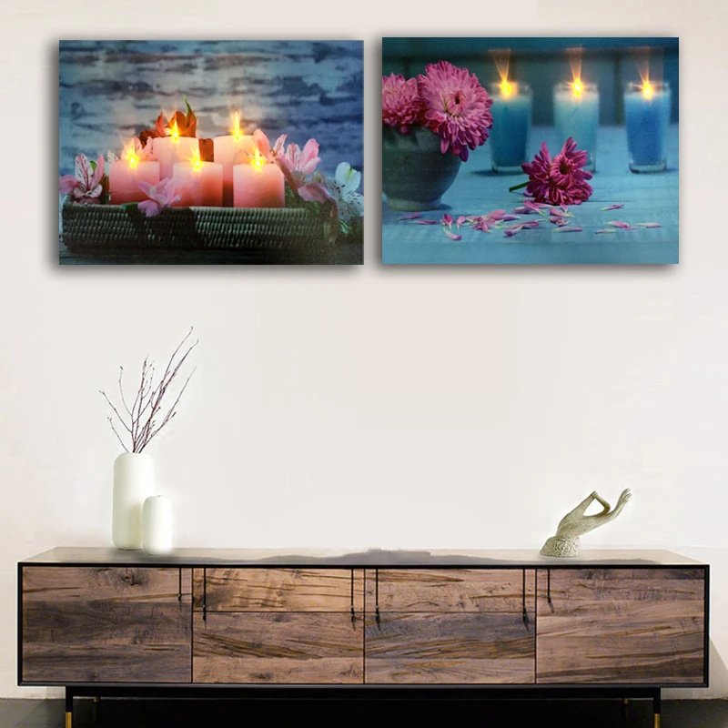 Led Холст Искусство розовые Хризантемы цветы со свечами спа Настенная картина