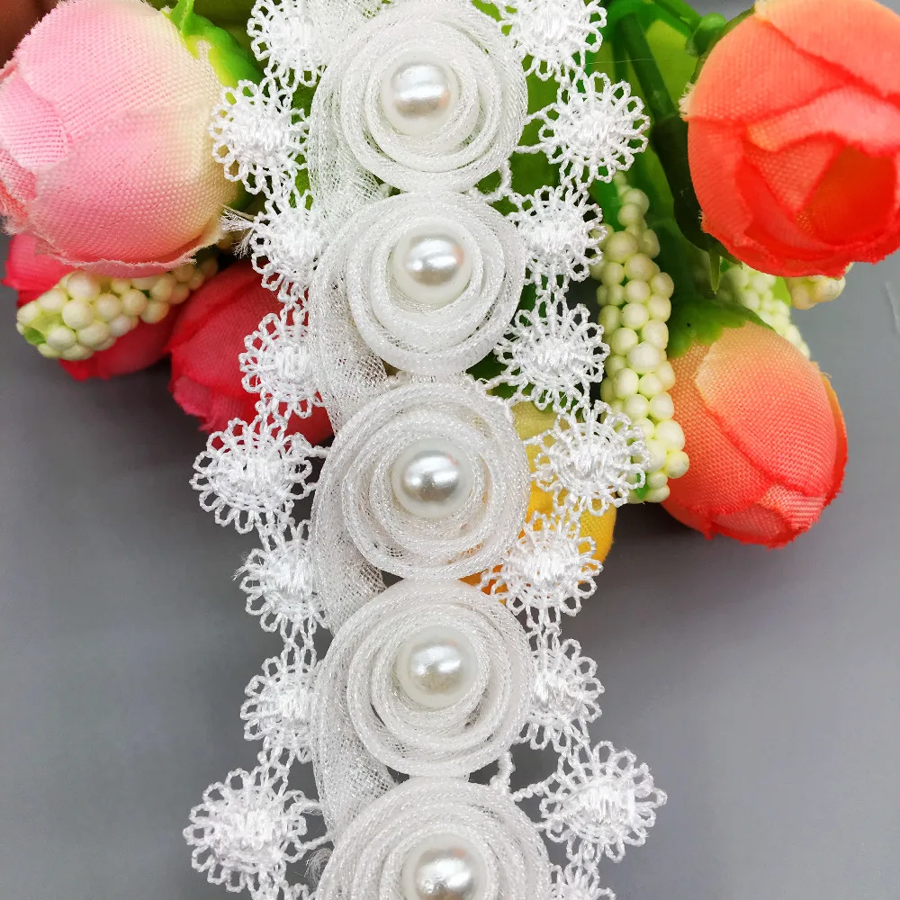 2 ярда ресниц с цветами роз и жемчугом кружевной отделкой ленты ткань вышитая