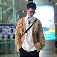 new arrival 100 hand made pure wool twist knit men fashion vneck solid loose cardigan sweater customized