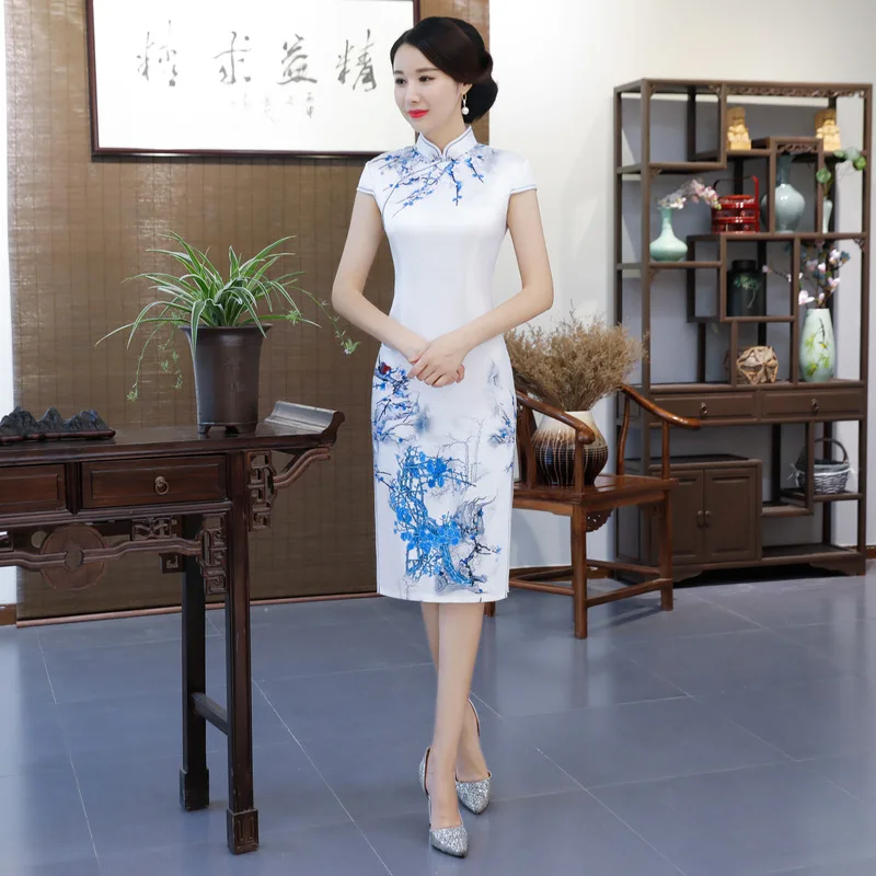 

2018 Novelty Knee Length Cheongsam Chinese style Mandarin Collar Dress Womens Summer Rayon Qipao Slim Party Dresses Vestido