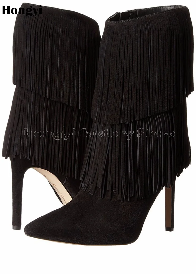 

Fashion Winer Black Faux Suede Leather Inside Zipper Tassel Fringe Thin High Heeled Boots Women Pointed Toe Short Boot