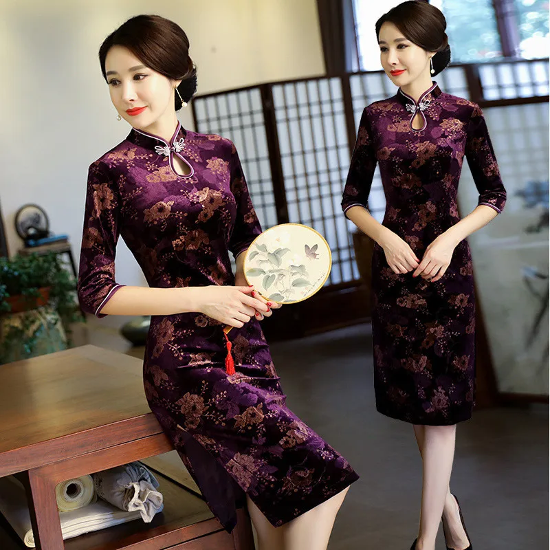 Cheongsam велюровое платье Ципао с принтом винтажные модные улучшенные Осенние Длинные платья Вечерние платья для мам и свадеб