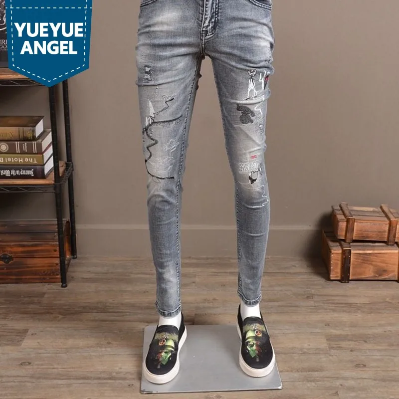 

New Hot Sale Mens Full Length Pants Fashion Washed Embroidery Printing Jeans Trousers Male Casual Elastic Pencil Pants