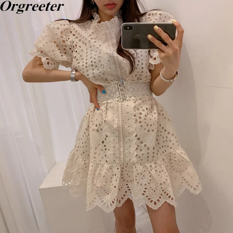 Женское кружевное платье с рюшами однотонное плиссированное в Корейском стиле