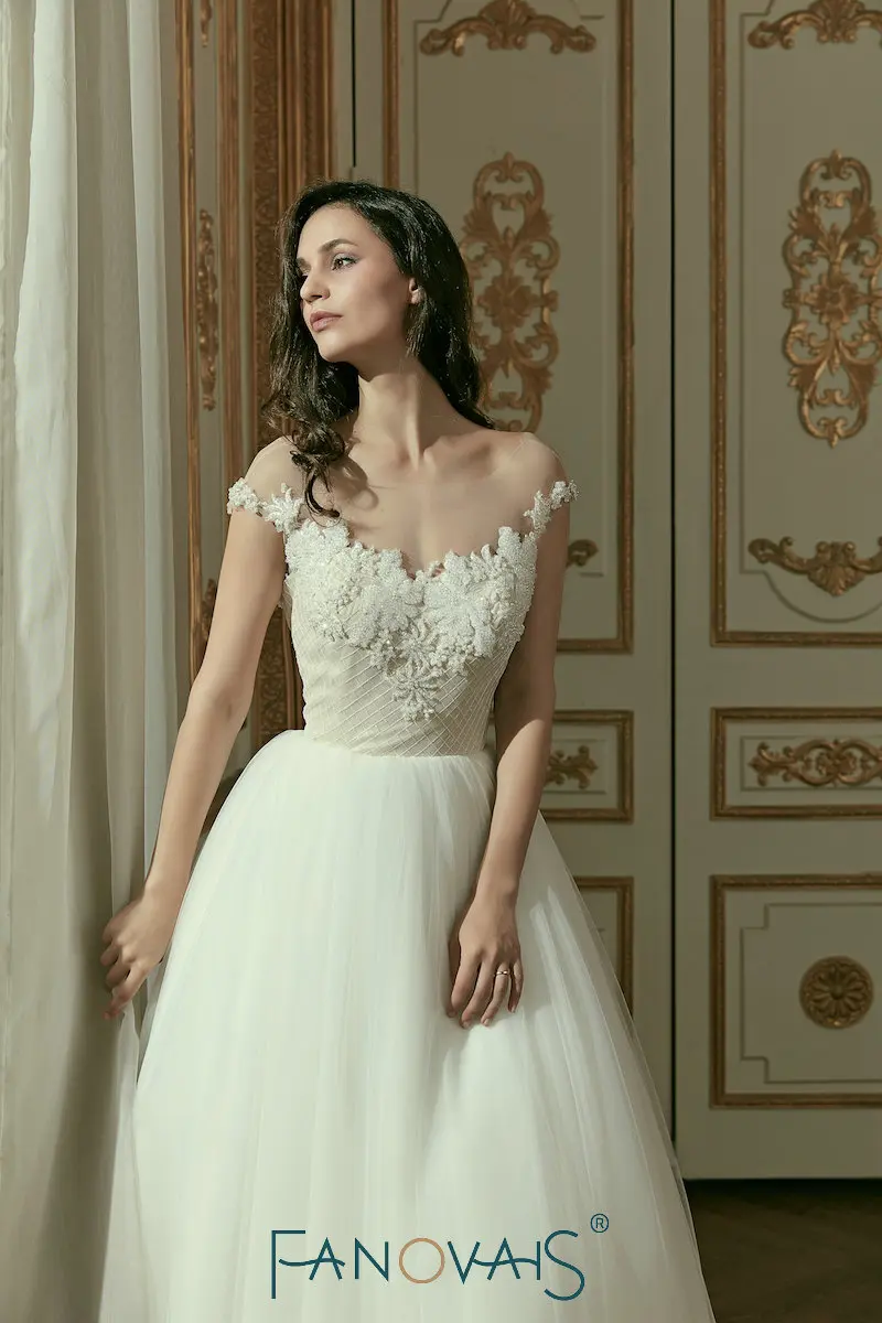 2019 Тюль Свадебное Платье С Короткими Рукавами Бусины Свадебные Платья Robe De Mariage