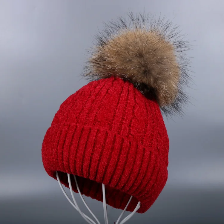 Mink Pom winered hat OHCOXOC, новинка, женские шапочки, натуральный Лисий мех, помпоны, шапка, сохраняющая тепло, шапочки, Skullies, стразы, бусины, роскошные, норковые, помпоны, зимние шапки - Цвет: Mink Pom winered hat