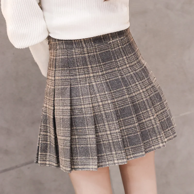 Шерстяная клетчатая плиссированная юбка Женская трапециевидной формы с высокой
