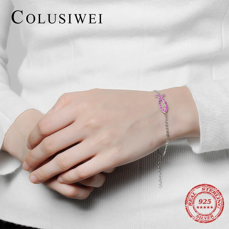 2019 Ins Style 925 Sterling Silver Clear Cubic Zirconia Pink Fish Fashion Bracelet For Women Charm Jewelry Christmas Girl Gift | Украшения