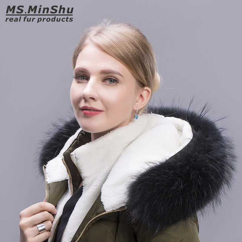 MS. MinShu черный енот меховой воротник капюшон шарф натуральный Лисий мех шарф воротник пуховик капюшон отделка на заказ меховая отделка